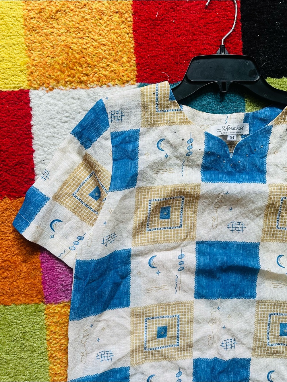Sequel Vintage-Inspired Blue & Tan Geometric Top
